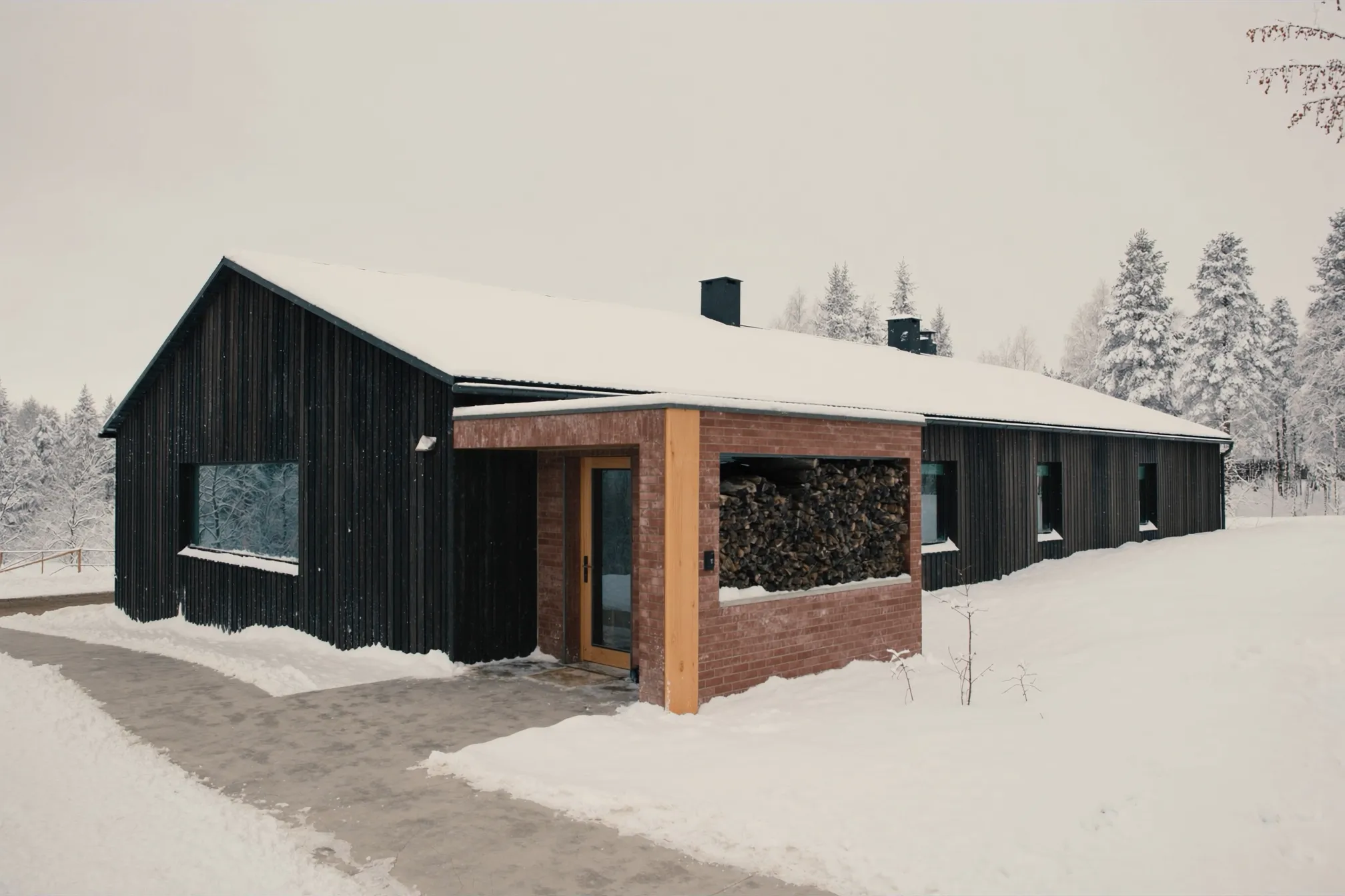 The dark timber lodge in deep snow, daylight