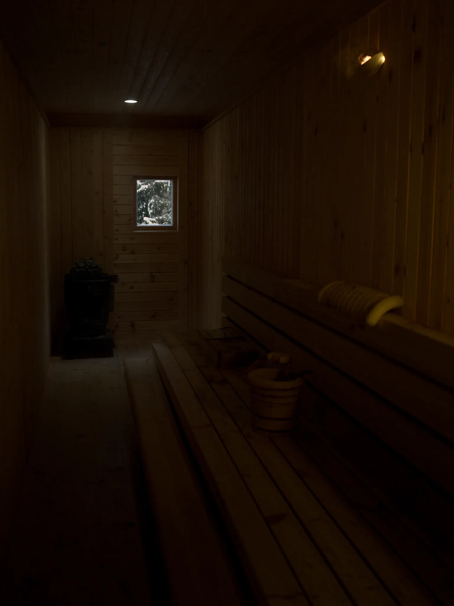 The sauna, pale wood benches in low warm light